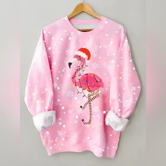 Holiday Lights Flamingo Print Long Sleeve Pullover Tee Sweater lightweight - Picture 1 of 7